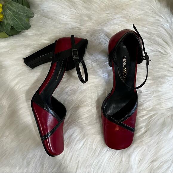 NEW Nine West Leather Y2K Two Tone Square Chunky Heel Ankle Wrap Pump 5.5 NWOT - Picture 7 of 15